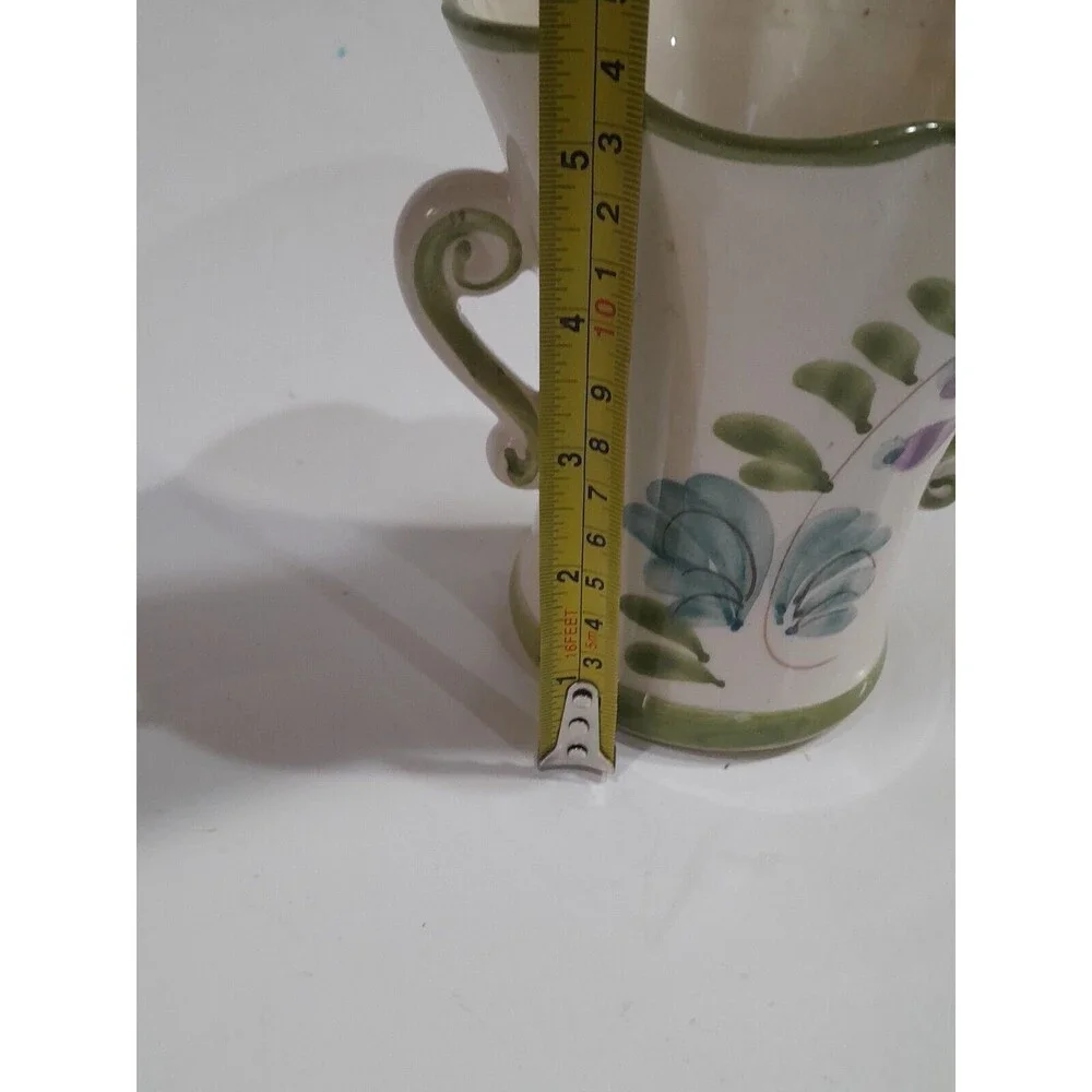 FTD Handpainted Porcelain Vase 6 “tall  Portugal  2 Handles Green Trim Flowers